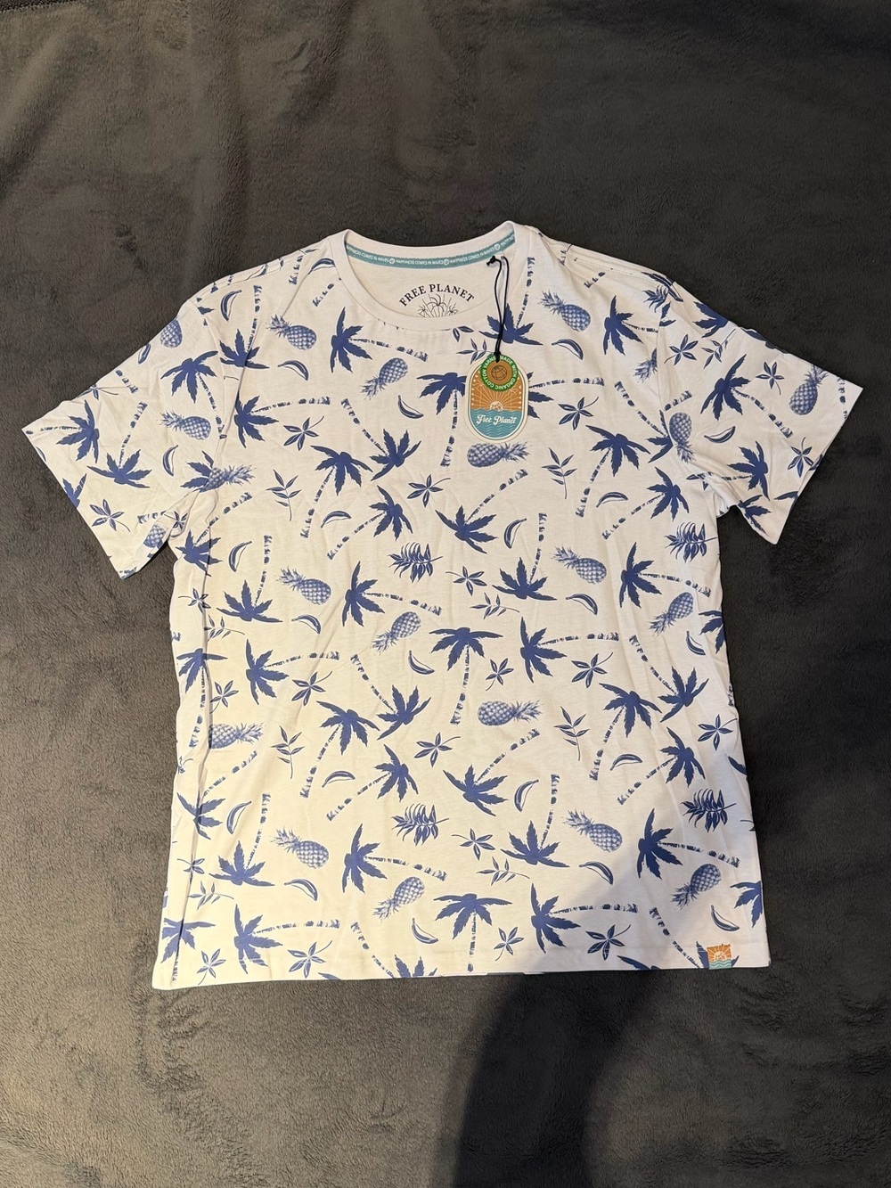 Free Planet White Tee with Blue Tropical Print